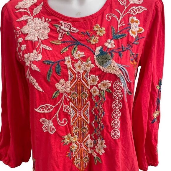 JOHNNY WAS Ellia Puff‎ Sleeve Tee , tangerine front back embroidered size - Picture 2 of 9